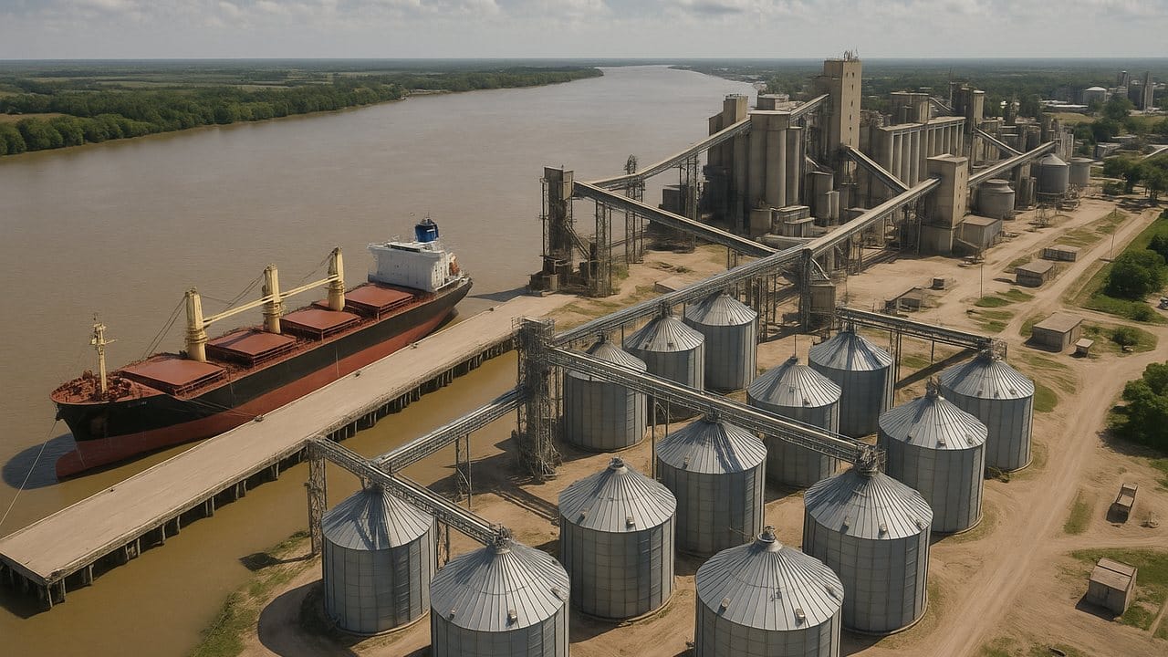 Terminal portuaria aceitera sobre el río Paraná con silos y buque granelero atracado