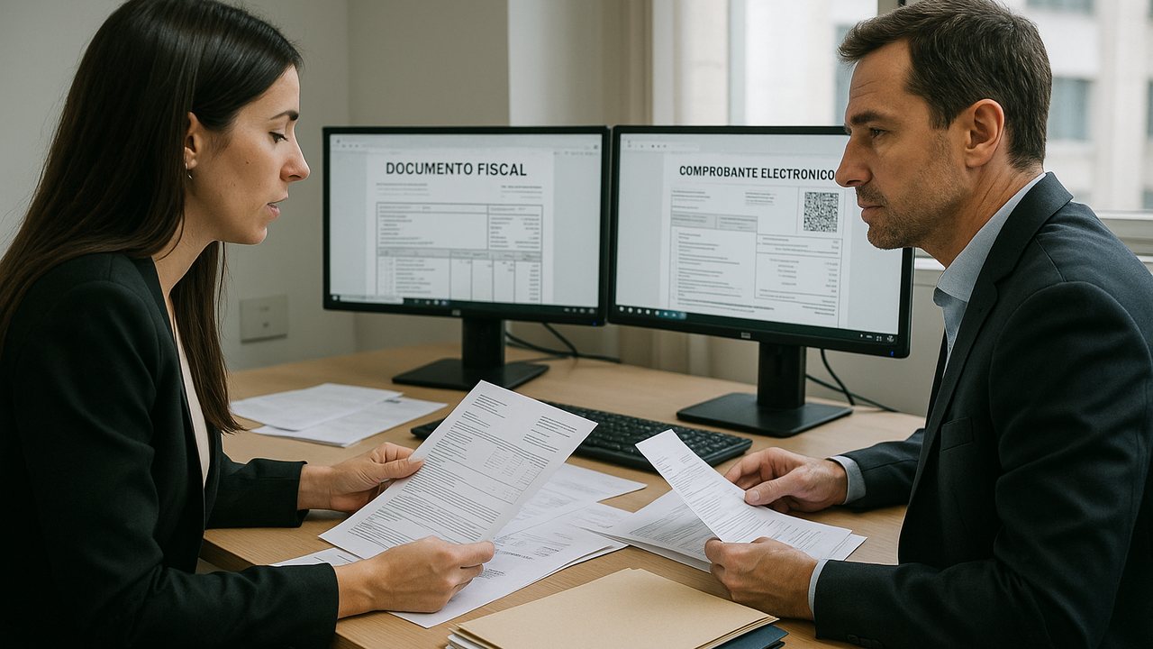 Profesionales revisando documentación de facturación electrónica en una oficina corporativa argentina