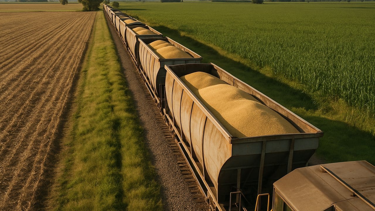 Tren de carga con vagones tolva transportando granos por las vías del Belgrano Cargas en el interior de Argentina