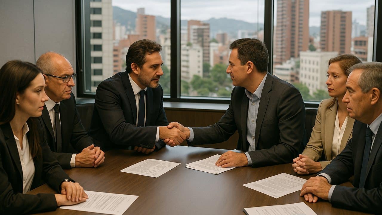 Funcionarios firmando acuerdo de financiamiento multilateral para pequeñas y medianas empresas del Norte Grande argentino