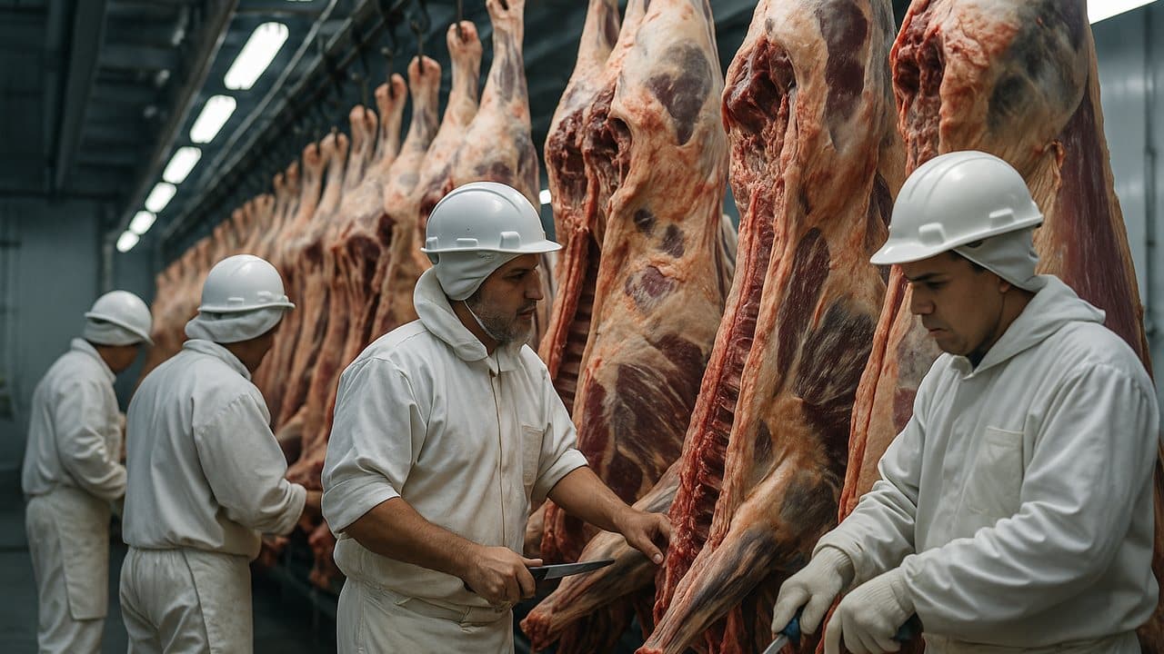 Operarios en planta frigorífica argentina procesando carne bovina para exportación