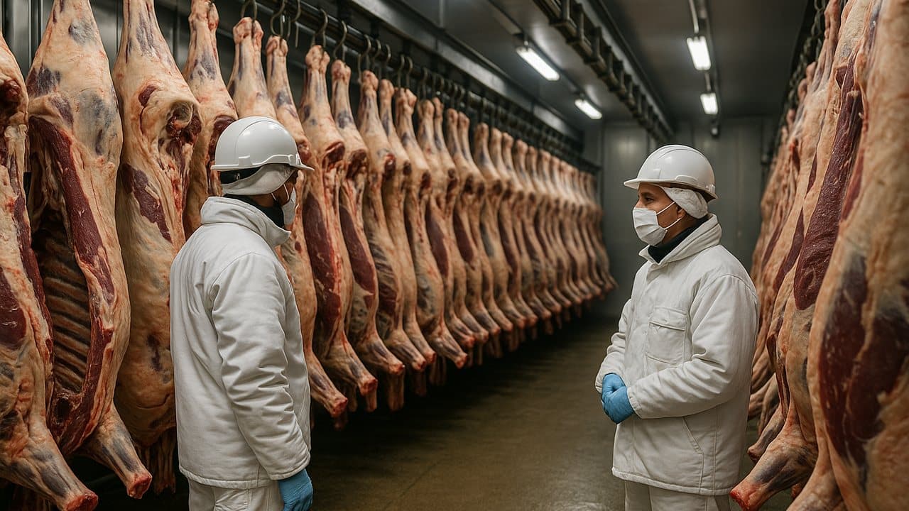 Operarios trabajando en una cámara frigorífica argentina con medias reses, en el marco del comercio exterior de carnes