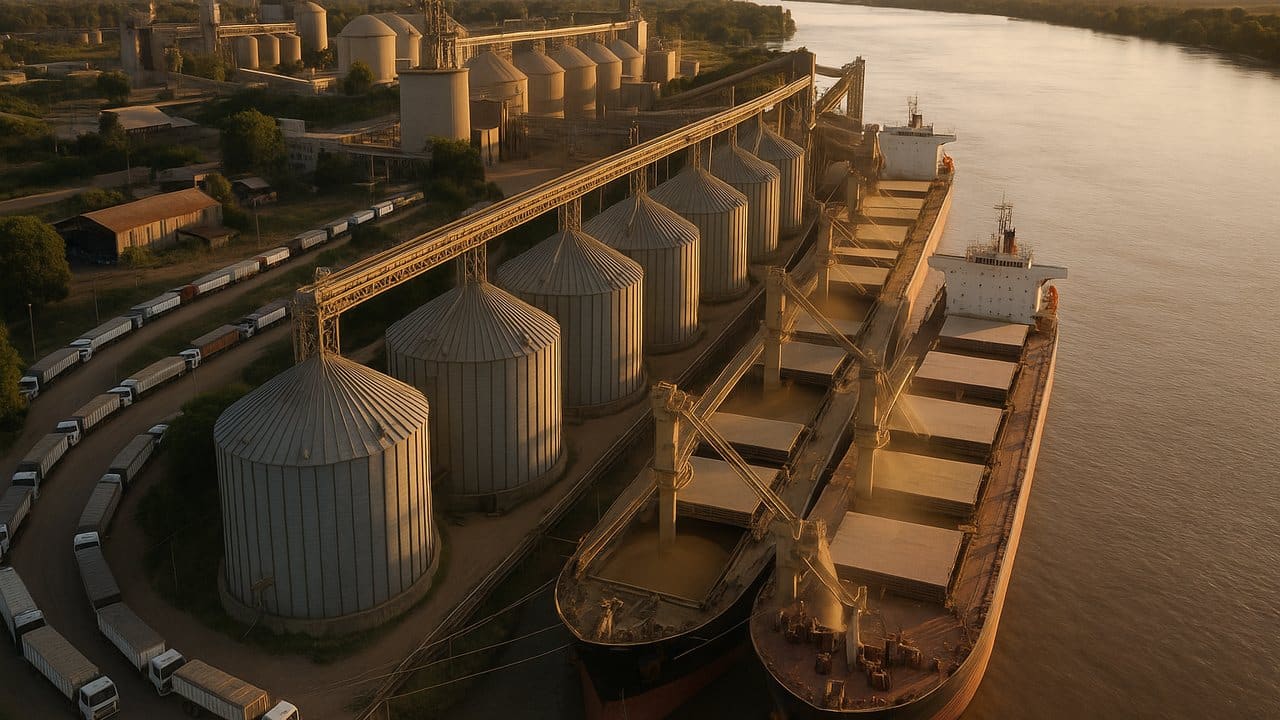 Puerto granelero argentino con buques de carga y silos durante operaciones de exportación de granos