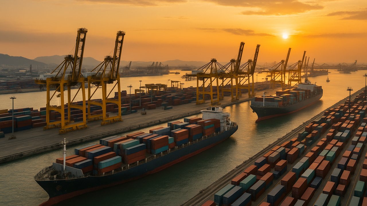 Puerto de contenedores asiático con grúas y buques de carga al atardecer, representando las tensiones comerciales entre China y Japón