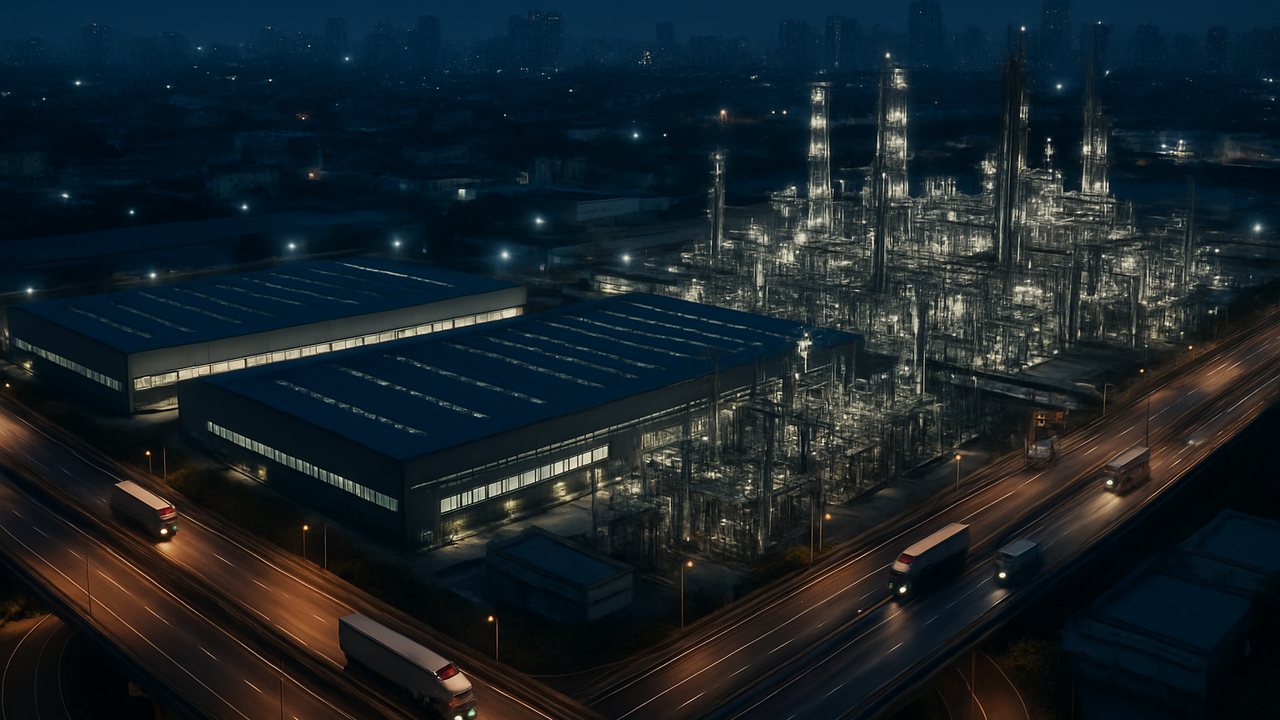 Complejo industrial de fabricación de semiconductores iluminado de noche en Corea del Sur