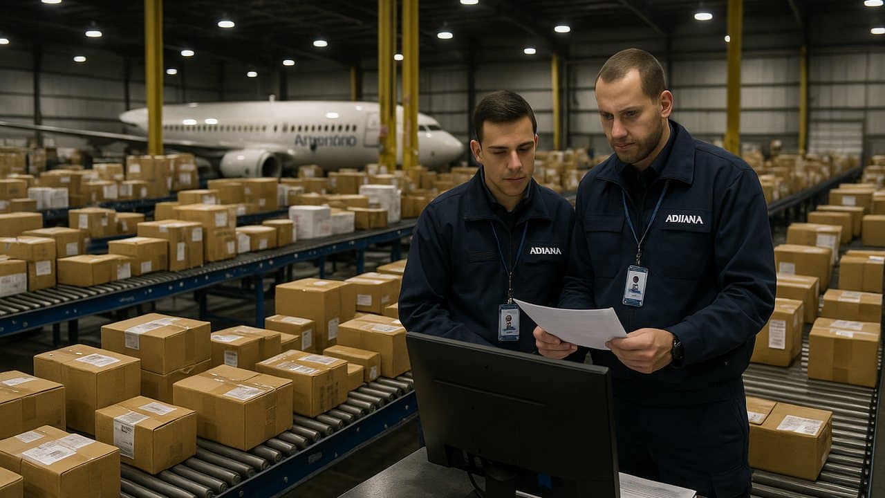 Funcionarios aduaneros revisando paquetes de courier en una terminal de carga aérea argentina
