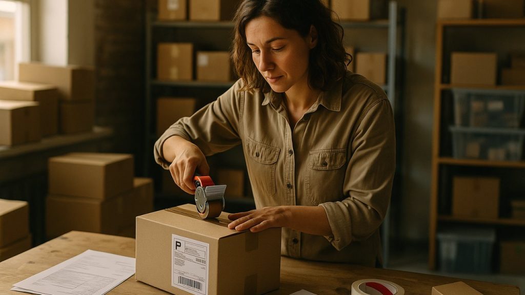 Emprendedora pyme preparando productos para exportar con Exporta Simple