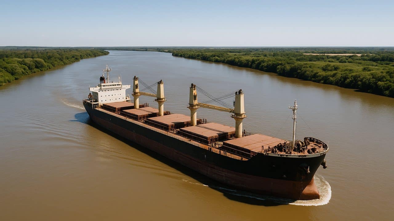 Buque granelero navegando por la Hidrovia Paraná-Paraguay en Argentina