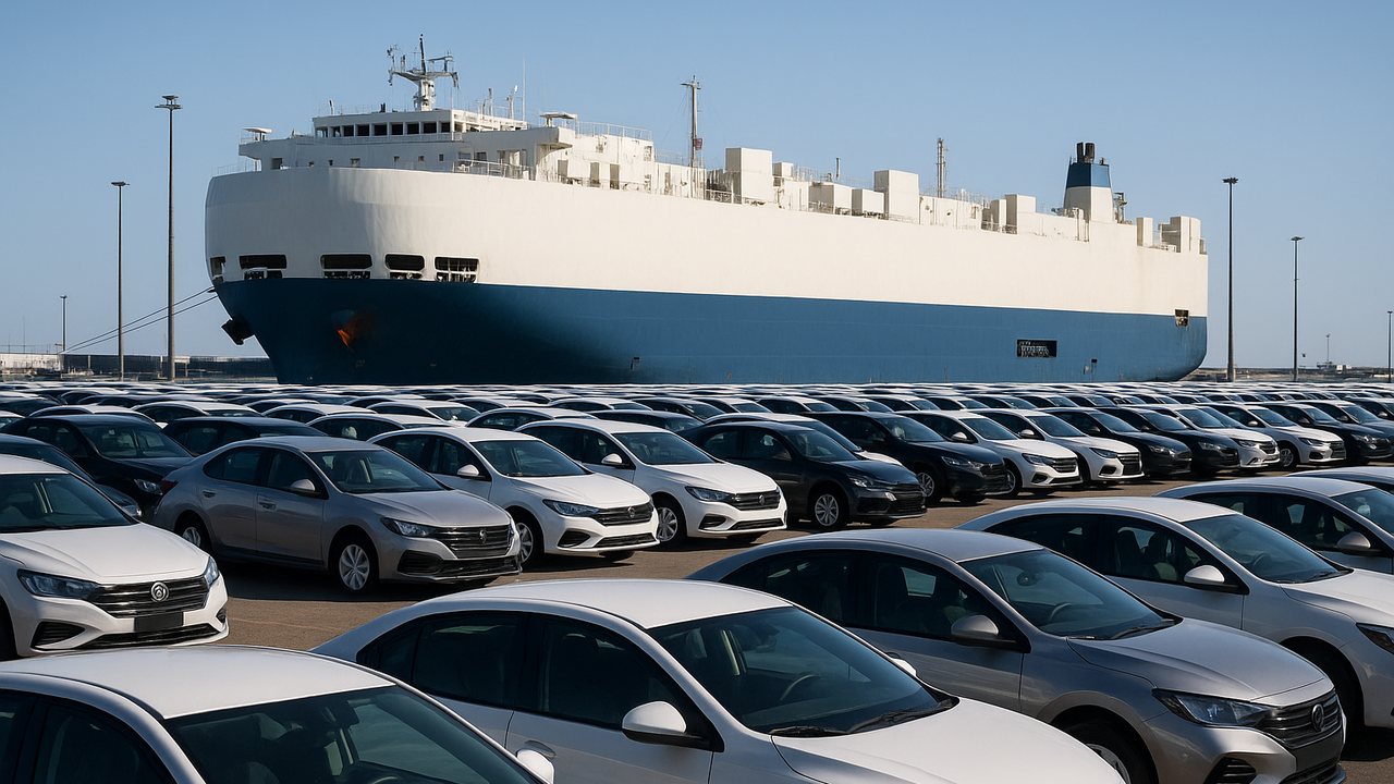 Autos nuevos en una terminal portuaria para importacion a Argentina