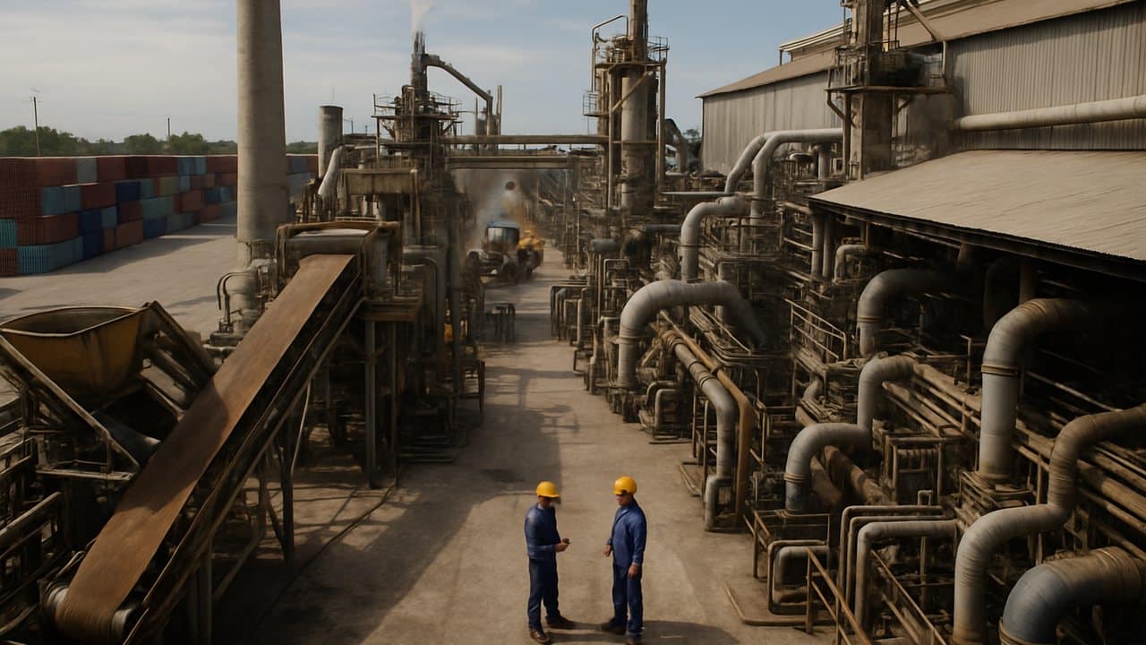 Planta industrial argentina con trabajadores y contenedores de exportación en el patio exterior