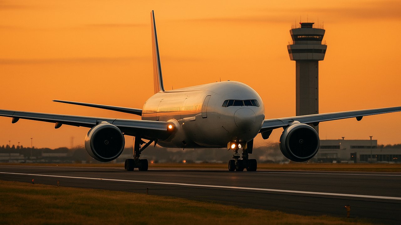 Avión comercial en pista de aeropuerto internacional al atardecer, representando la nueva ruta aérea entre Natal y Buenos Aires
