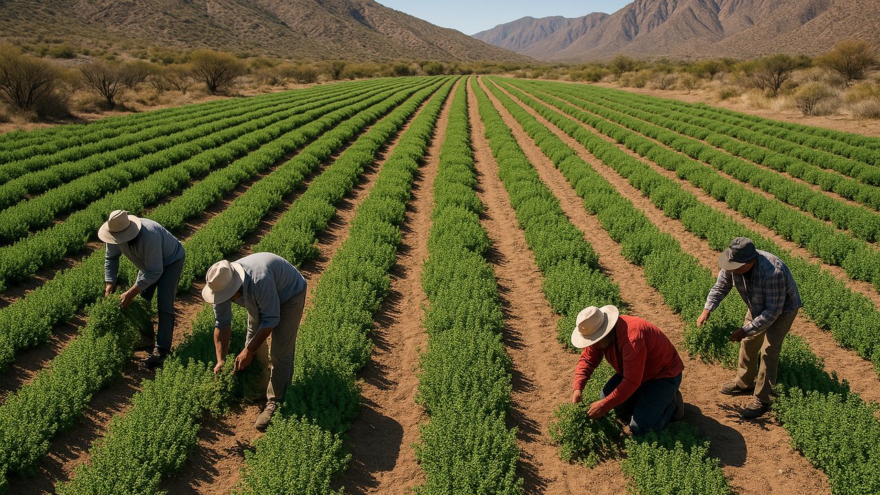 Cosecha de orégano en campo de la región de Cuyo, Argentina, con plantas en plena producción y trabajadores rurales