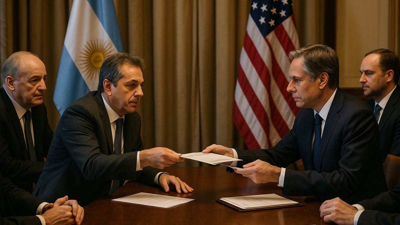 Funcionarios de Argentina y Estados Unidos durante una reunión diplomática formal con intercambio de documentos oficiales