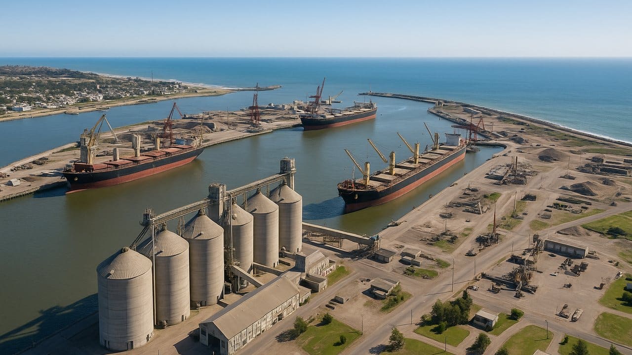 Vista aérea del Puerto Quequén con silos graneleros y buques de carga atracados sobre el río Quequén Grande