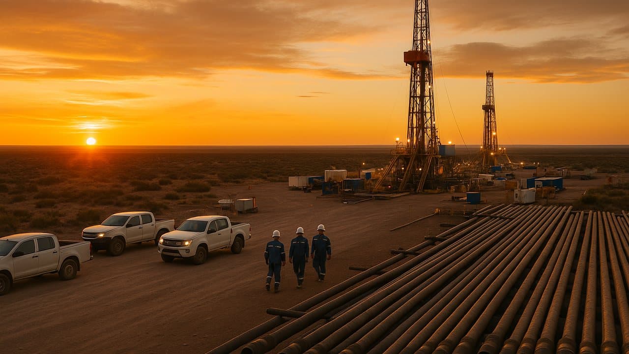 Trabajadores especializados en un yacimiento de Vaca Muerta con torres de perforación al fondo durante el atardecer patagónico