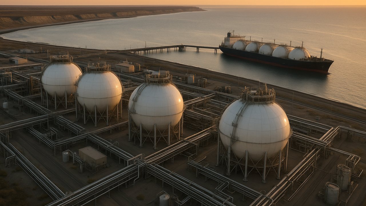 Planta de licuefacción de gas natural en la costa patagónica con buque metanero atracado al atardecer